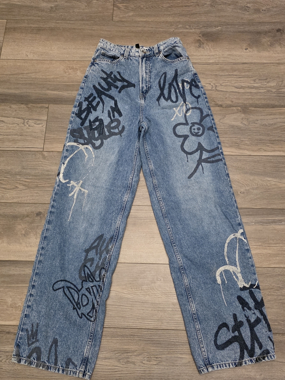 H&M Blue Graffiti Wide Leg Jeans